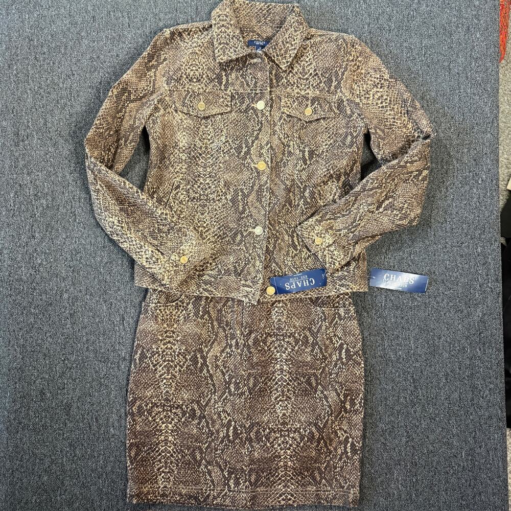 Vintage Y2k Chaps Polo Ralph Lauren Brown Snakeskin Denim Skirt Set M/6 Nwt